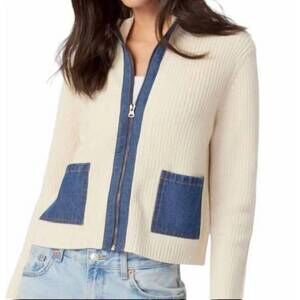 NEW J. SOCIETY denim 2 pocket shaker zip front cardigan in oat